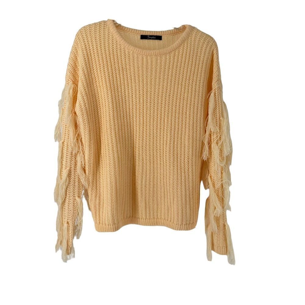 Simplee Fringe Long Tassel Sweater Womens Size M Peach Yellow Round Neck Knit